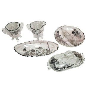Rare 5 piece Silver Floral Design Glass Tray Butter Tray Cream & Sugar Cups Set